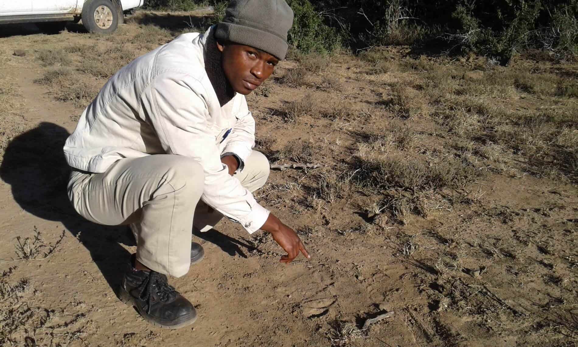 ntsindiso-pointing-at-tracks-elephant-intern-tracker-samara-ERP-penny-pistorius-1900×1140